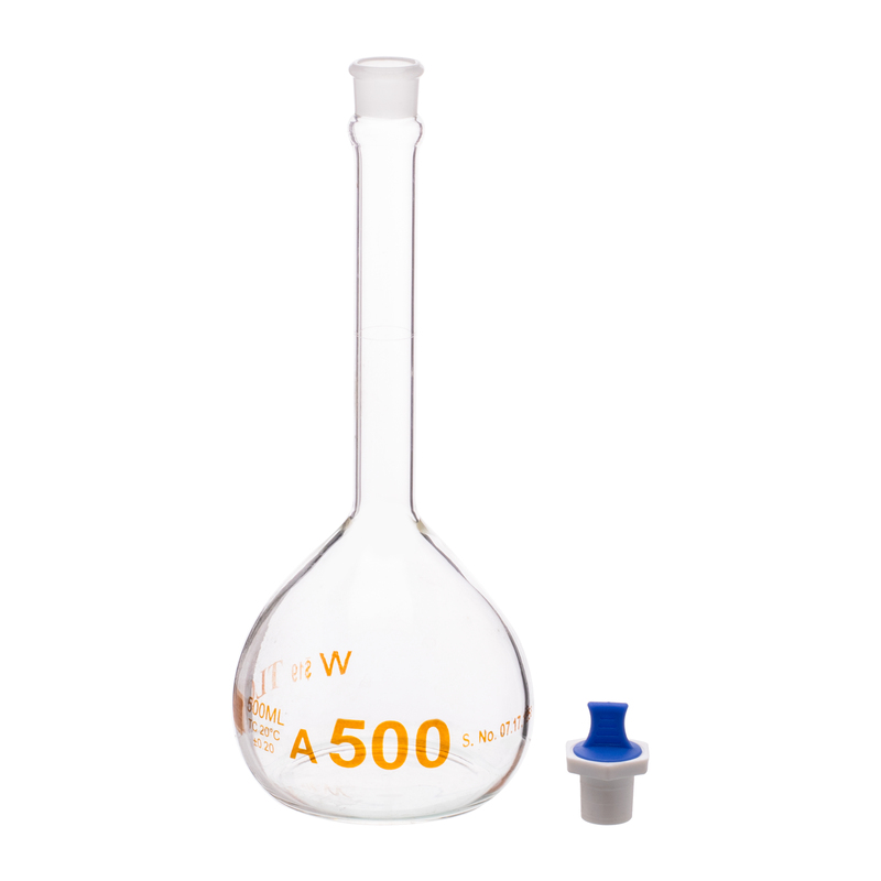 Volumetric Flask, 500mL, Heavy Duty, Wide Mouth, Clear, PE Stopper# 19, Class A, As Per USP Standards