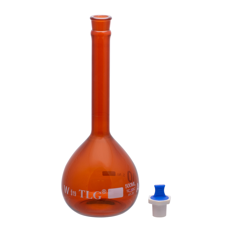 Serialized and Certified, Volumetric Flask, Low Actinic Amber, 200mL, Wide Mouth, PE Stopper#19, Class A, As Per USP Standards