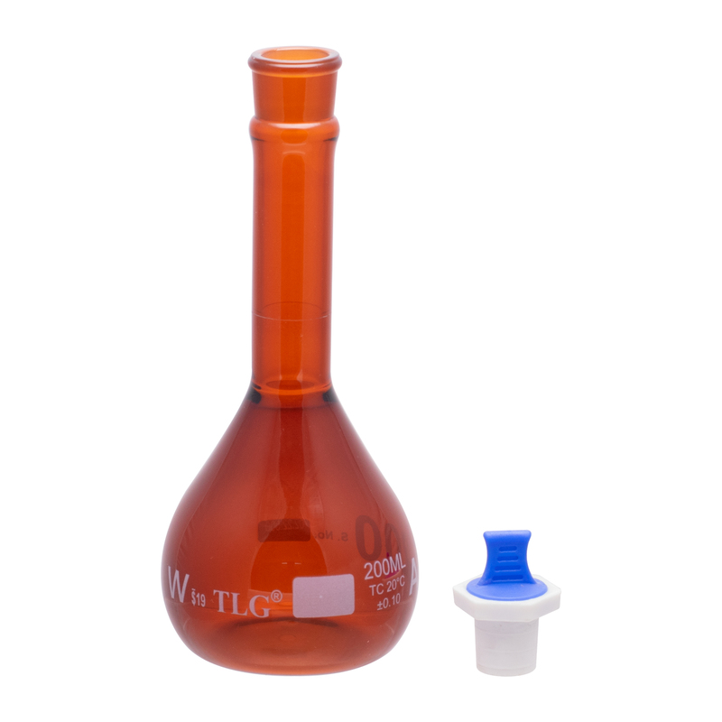 Serialized and Certified, Volumetric Flask, Low Actinic Amber, 200mL, Wide Mouth, PE Stopper#19, Class A, As Per USP Standards