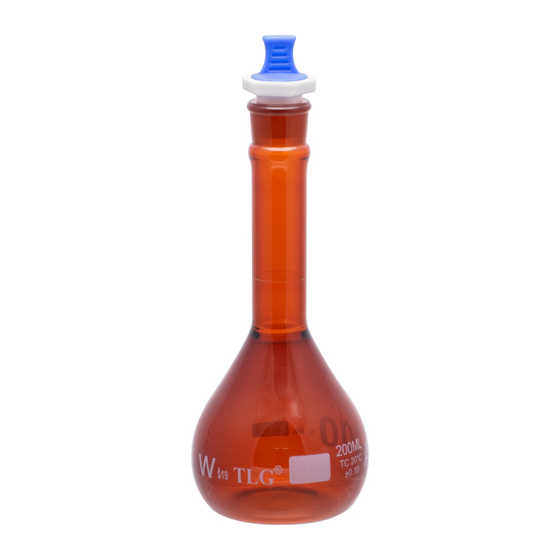 Serialized and Certified, Volumetric Flask, Low Actinic Amber, 200mL, Wide Mouth, PE Stopper#19, Class A, As Per USP Standards