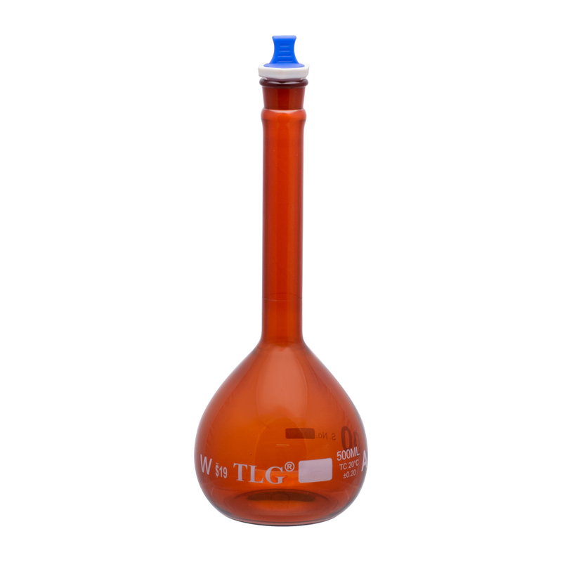 Serialized and Certified, Volumetric Flask, Low Actinic Amber, 500mL, Wide Mouth, PE Stopper#19, Class A, As Per USP Standards