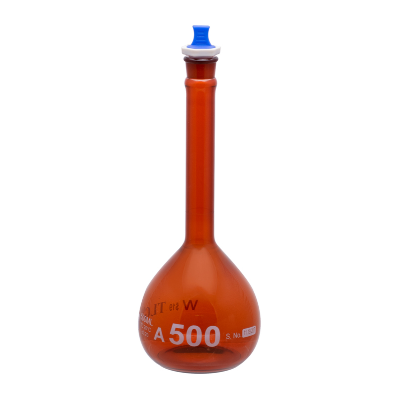Serialized and Certified, Volumetric Flask, Low Actinic Amber, 500mL, Wide Mouth, PE Stopper#19, Class A, As Per USP Standards