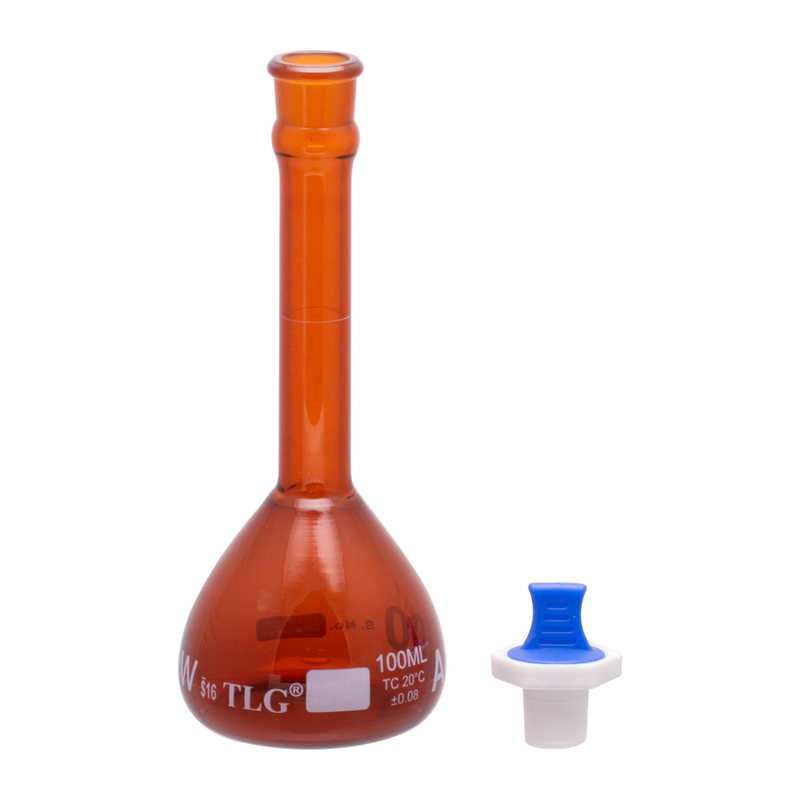 Volumetric Flask, Low Actinic Amber, 100mL, Wide Mouth, PE Stopper#16, Class A, As Per USP Standards