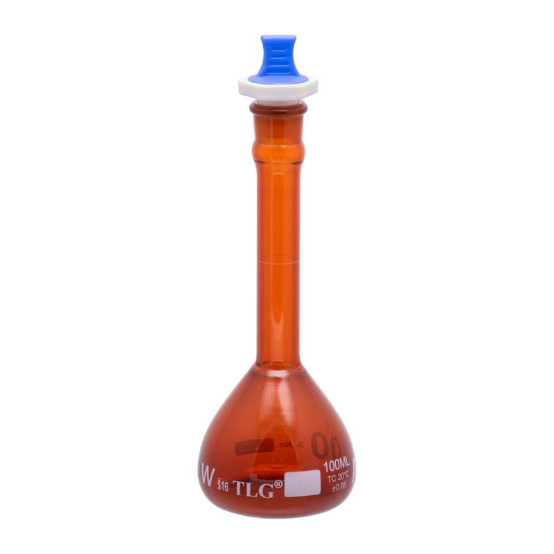 Volumetric Flask, Low Actinic Amber, 100mL, Wide Mouth, PE Stopper#16, Class A, As Per USP Standards