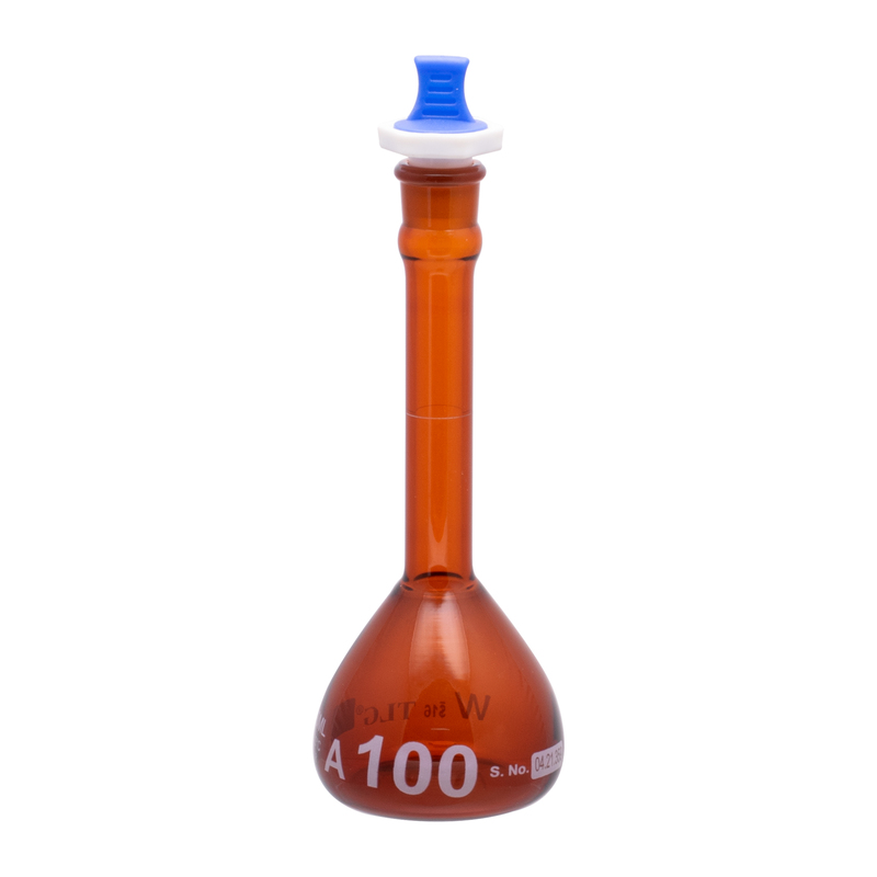 Volumetric Flask, Low Actinic Amber, 100mL, Wide Mouth, PE Stopper#16, Class A, As Per USP Standards