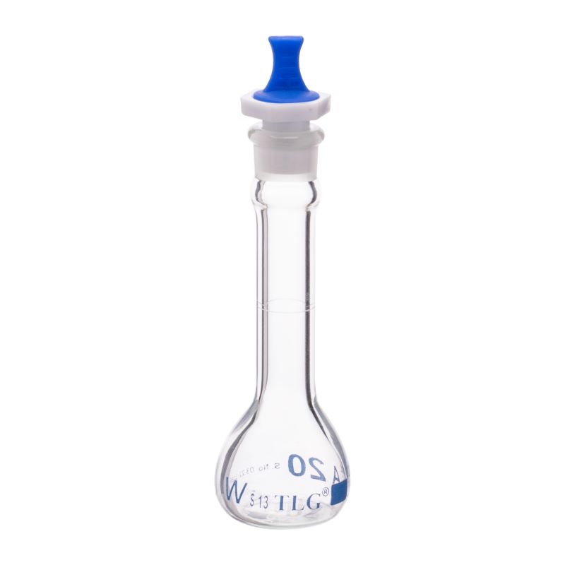 Volumetric Flask, 20mL, Serialized and Certified, Heavy Duty, Wide Mouth, Clear, PE Stopper# 13, Class A, As Per USP Standards