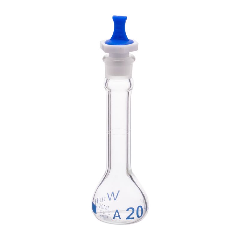 Volumetric Flask, 20mL, Serialized and Certified, Heavy Duty, Wide Mouth, Clear, PE Stopper# 13, Class A, As Per USP Standards