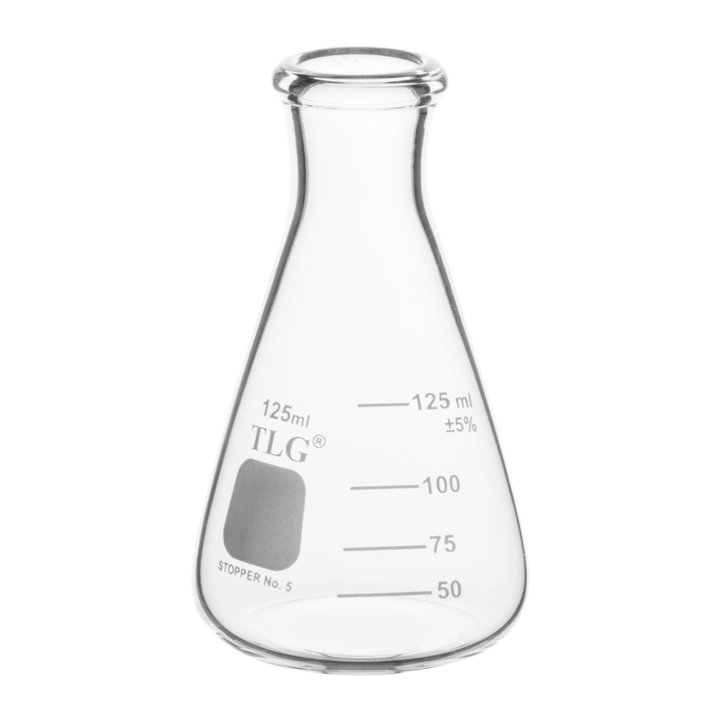 Erlenmeyer Flask, Narrow Neck With Graduation, Capacity 125mL, Rubber Stopper 5
