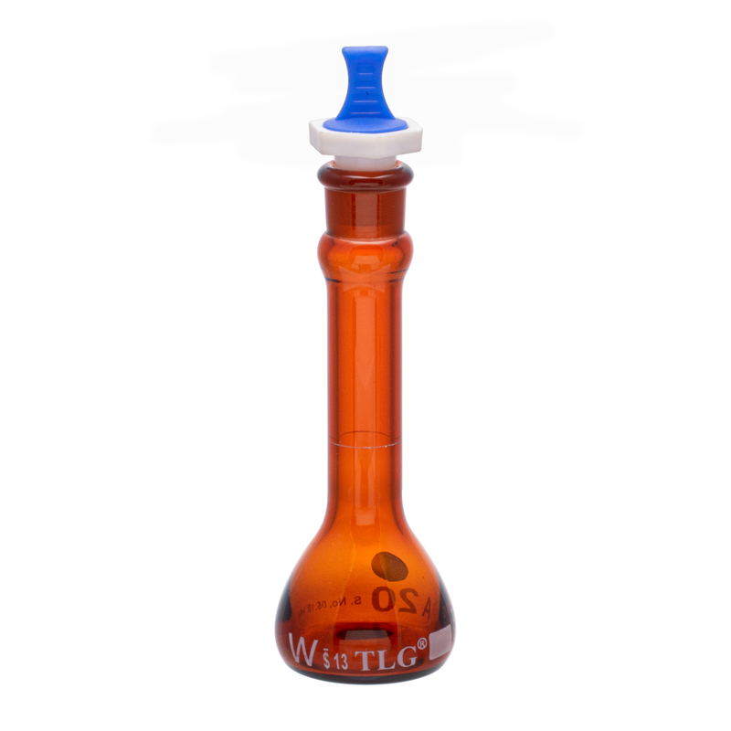 Serialized and Certified, Volumetric Flask, Low Actinic Amber, 20mL, Wide Mouth, PE Stopper#13, Class A, As Per USP Standards