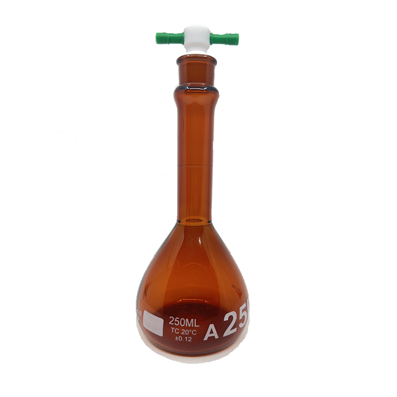 Volumetric Flask, Low Actinic Amber, 250mL, Wide Mouth, PTFE Stopper#19, Class A, As Per USP Standards