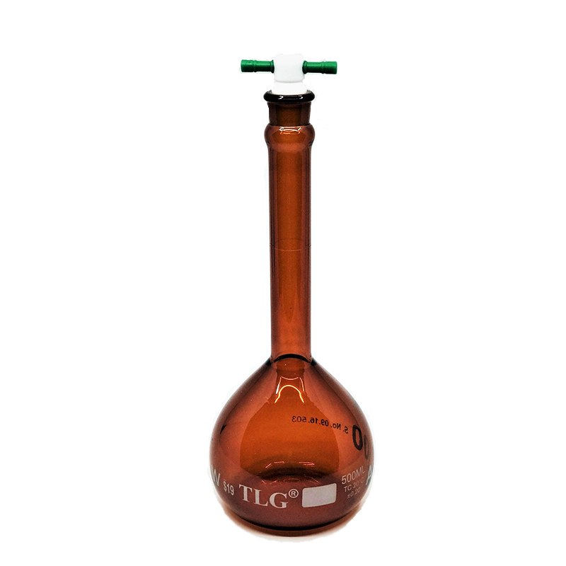 Volumetric Flask, Low Actinic Amber, 500mL, Wide Mouth, PTFE Stopper#19, Class A, As Per USP Standards