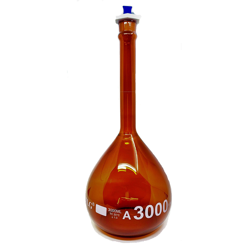 Serialized and Certified, Volumetric Flask, Low Actinic Amber, 3000mL, Wide Mouth, PE Stopper#32, Class A, As Per USP Standards