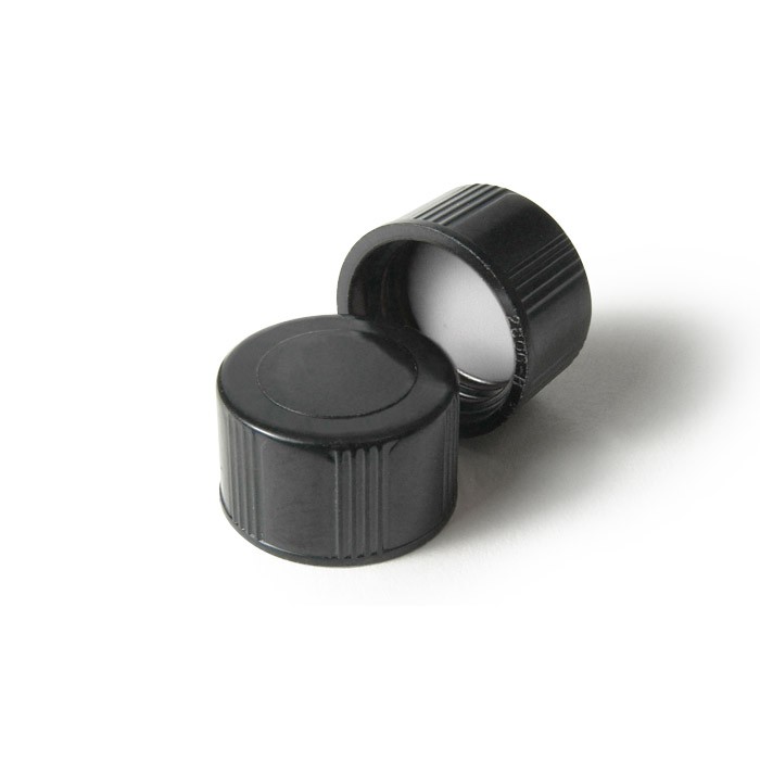 Black Ribbed Closed PP Top Cap with 9mm Natural PTFE/White Silicone Septa 1mm Thick.